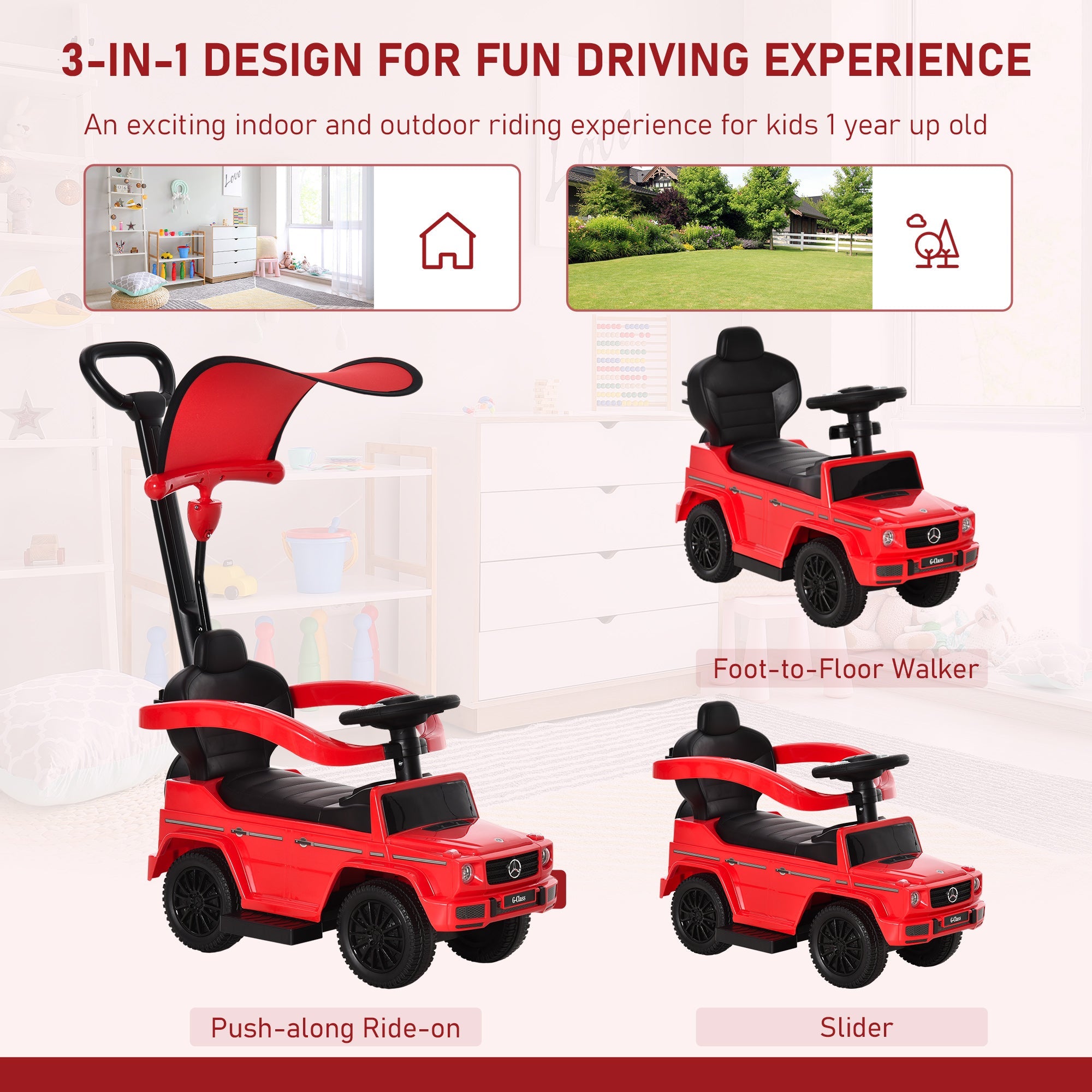 Compatible Kids Children's Ride-On Push Along Car Sliding Walker Mercedes-Benz G350 Licensed Floor Slider Vehicle with Steering Wheel Red-3