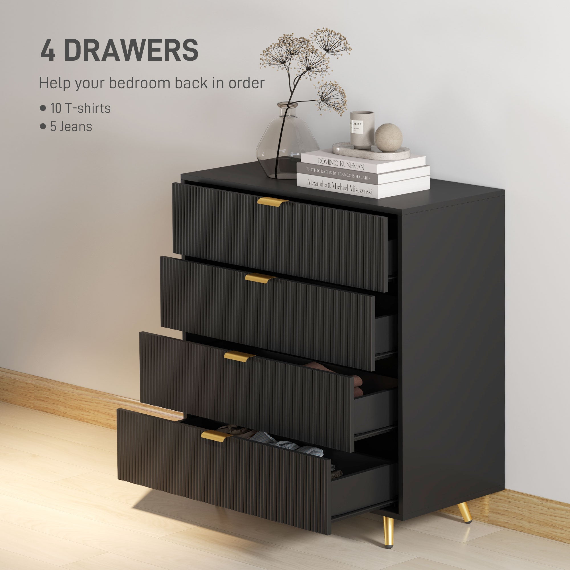 Elegant Four-Drawer Bedside Table - Black-3