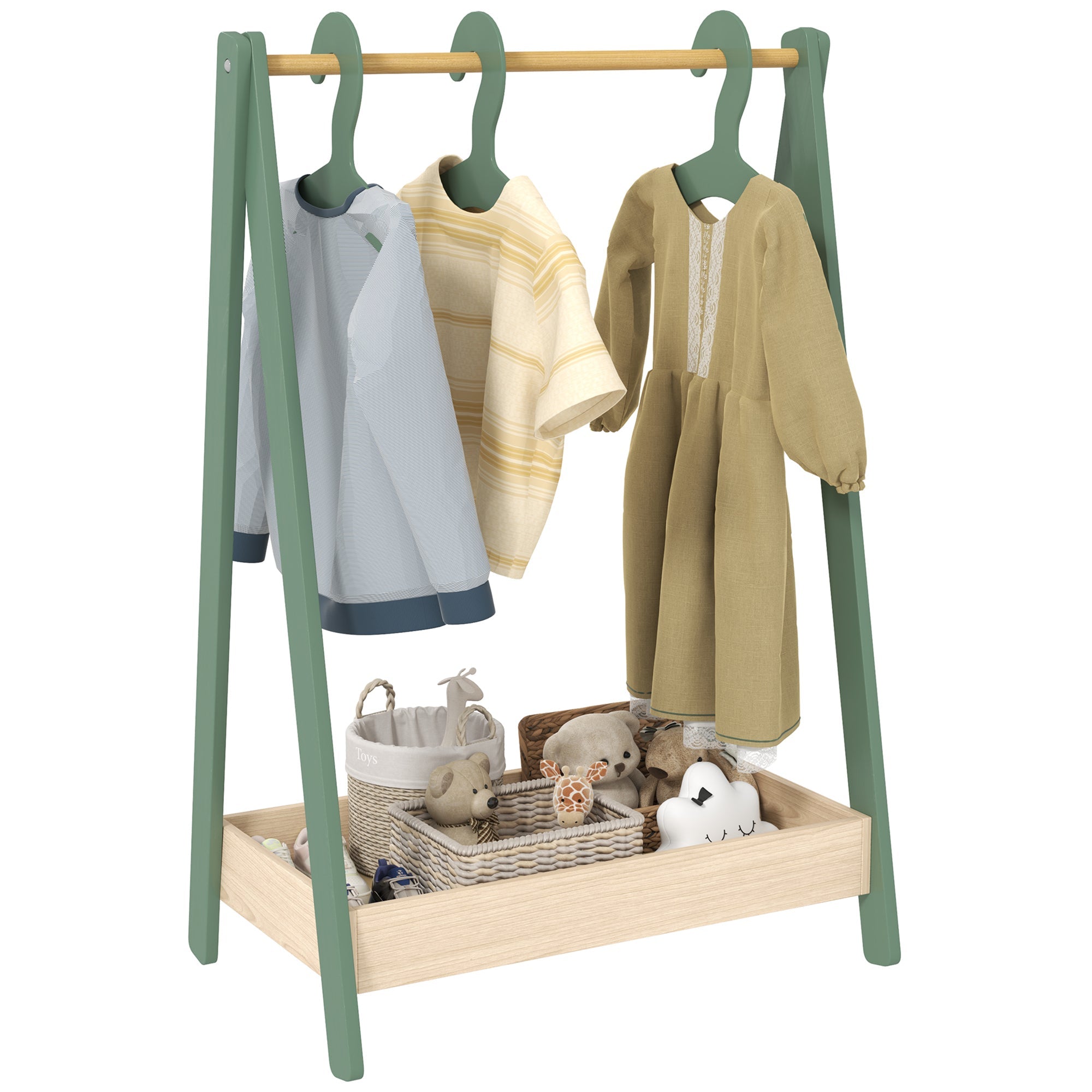 Kids Clothes Rail with 3Hangers, Bottom Storage Shelf for Girls, Boys, Nursery, Bedroom, Green-0