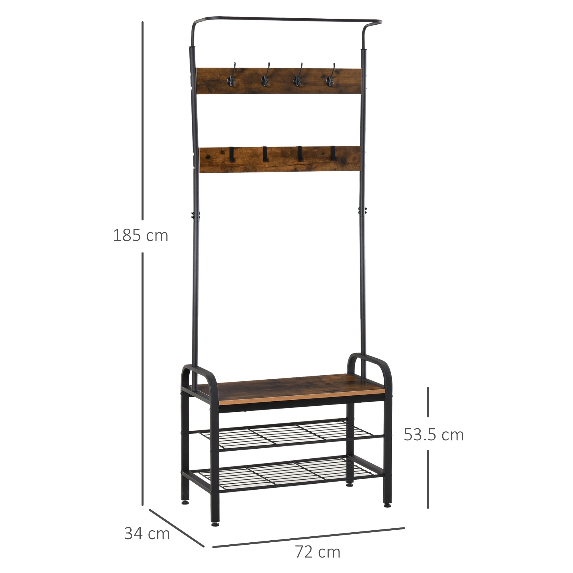 Coat Rack Stand Industrial hallway Shoe Rack Removable Hooks Metal Wood Hangers Storage Cabinet Rustic Brown 72L x 34W x 185H(cm)-2