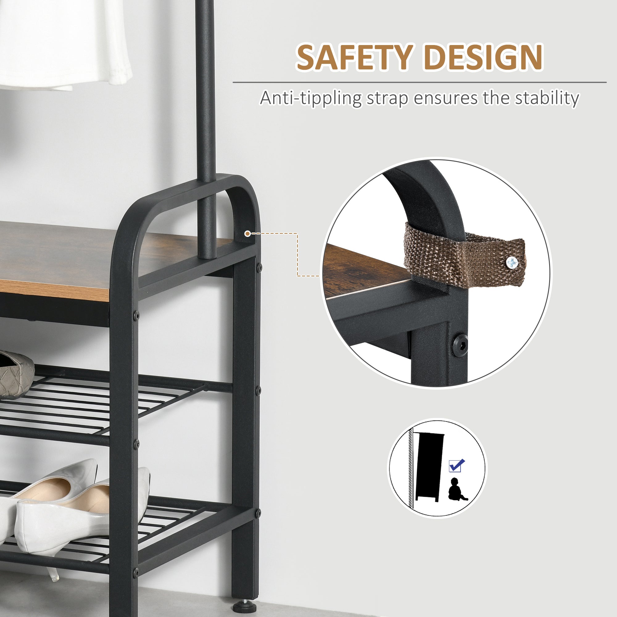 Coat Rack Stand Industrial hallway Shoe Rack Removable Hooks Metal Wood Hangers Storage Cabinet Rustic Brown 72L x 34W x 185H(cm)-4