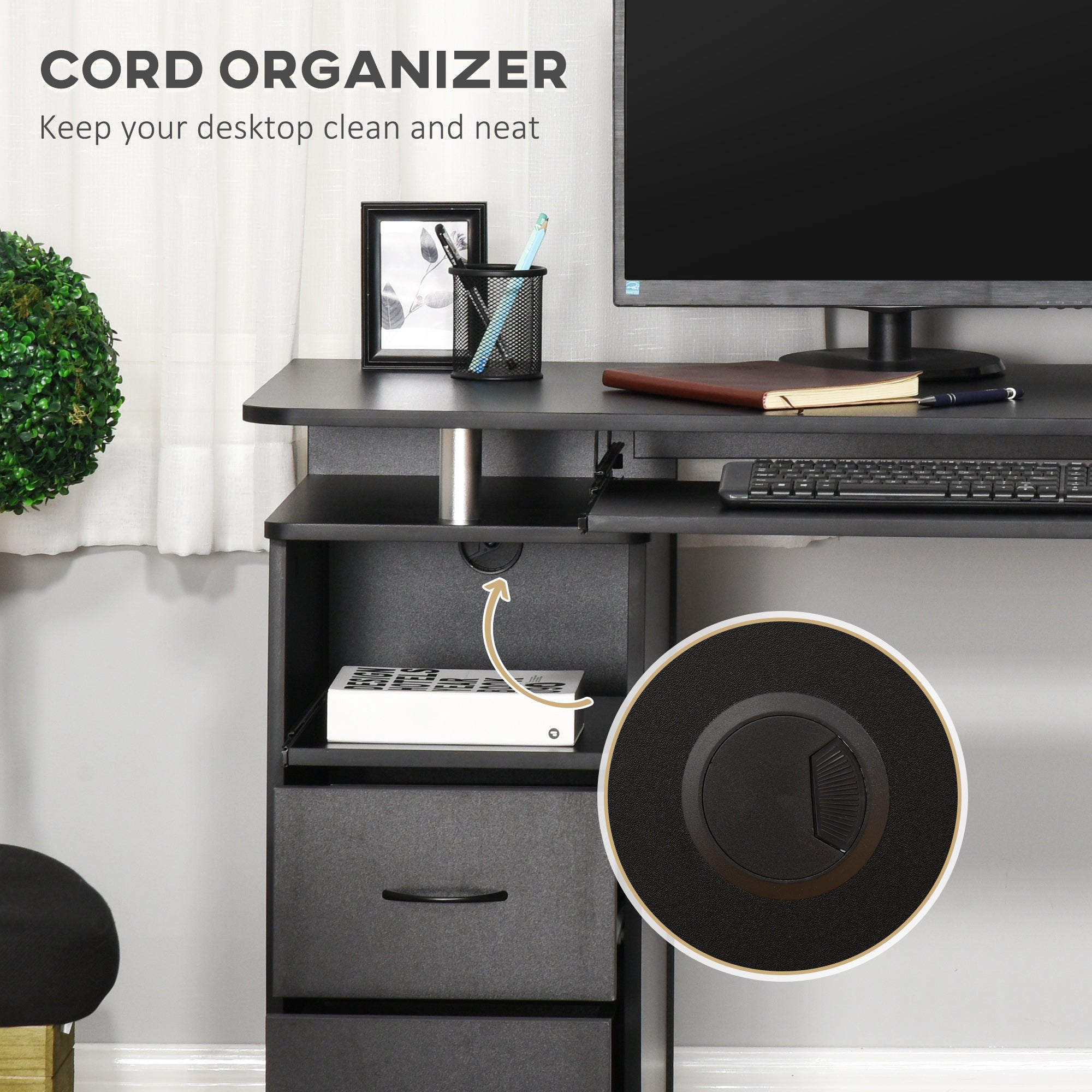 Computer Desk Office PC Table Workstation with Keyboard Tray, CPU Shelf, Drawers, Sliding Scanner Shelf, Black-4
