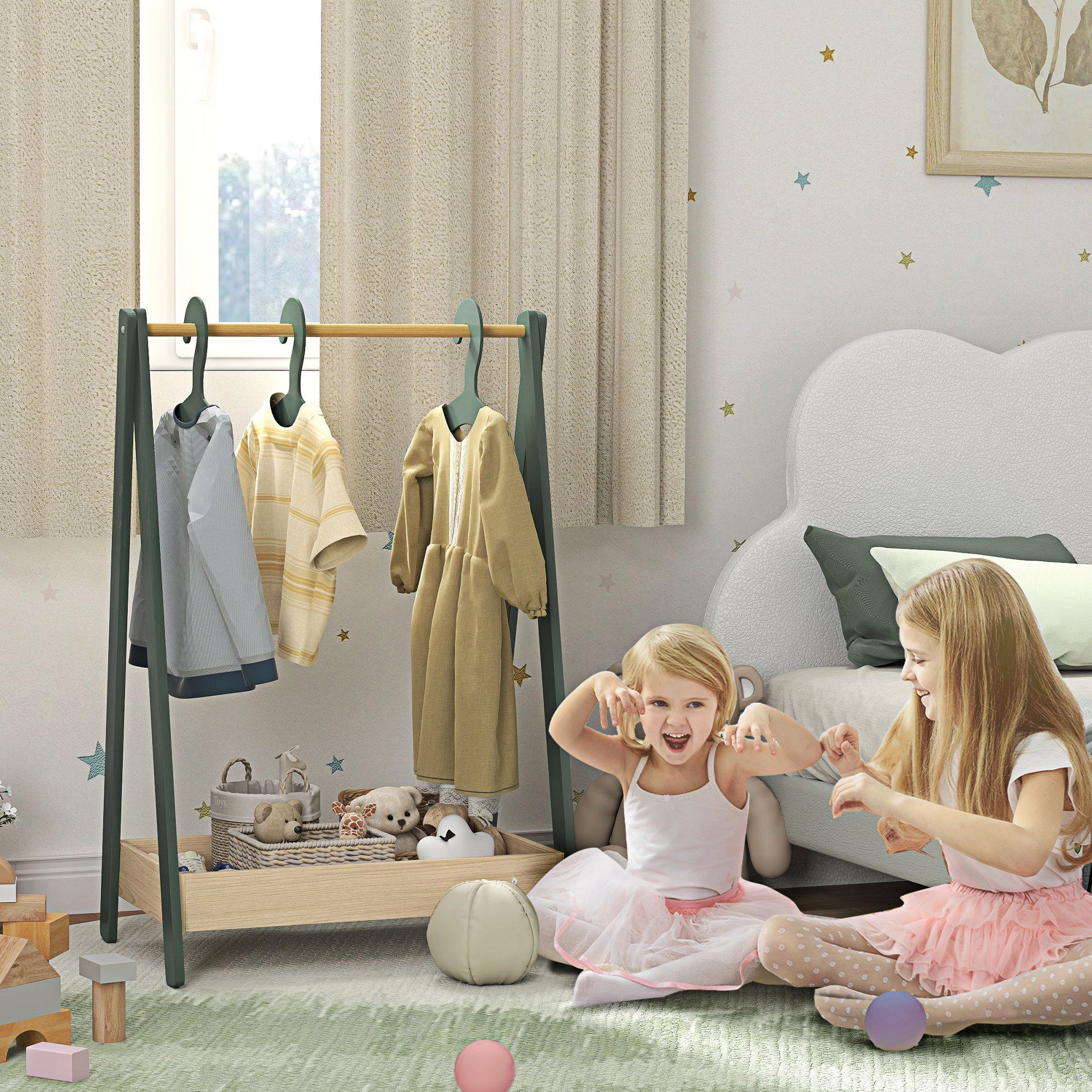 Kids Clothes Rail with 3Hangers, Bottom Storage Shelf for Girls, Boys, Nursery, Bedroom, Green-1