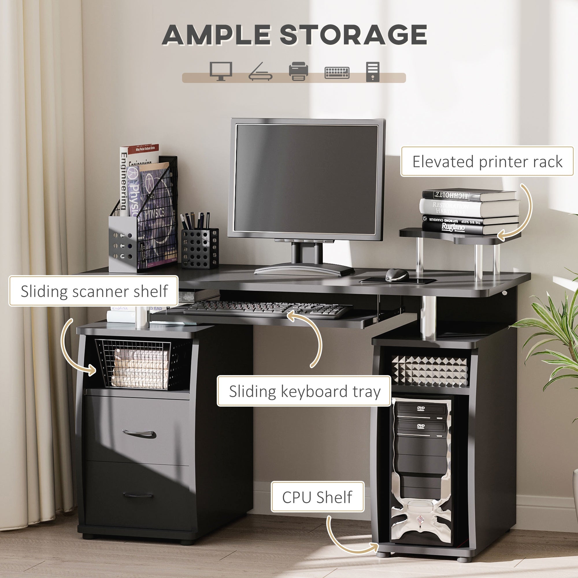 Computer Desk Office PC Table Workstation with Keyboard Tray, CPU Shelf, Drawers, Sliding Scanner Shelf, Black-3