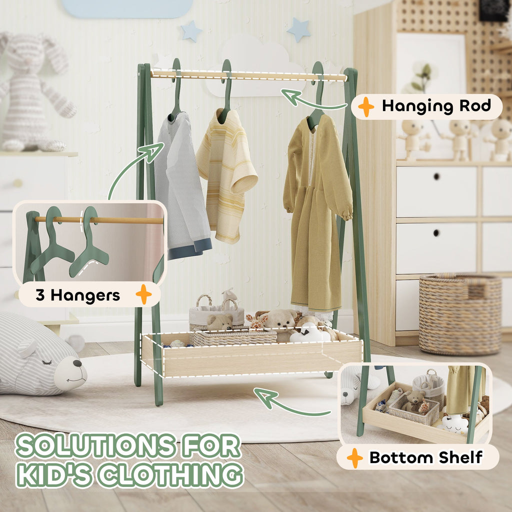 Kids Clothes Rail with 3Hangers, Bottom Storage Shelf for Girls, Boys, Nursery, Bedroom, Green-3