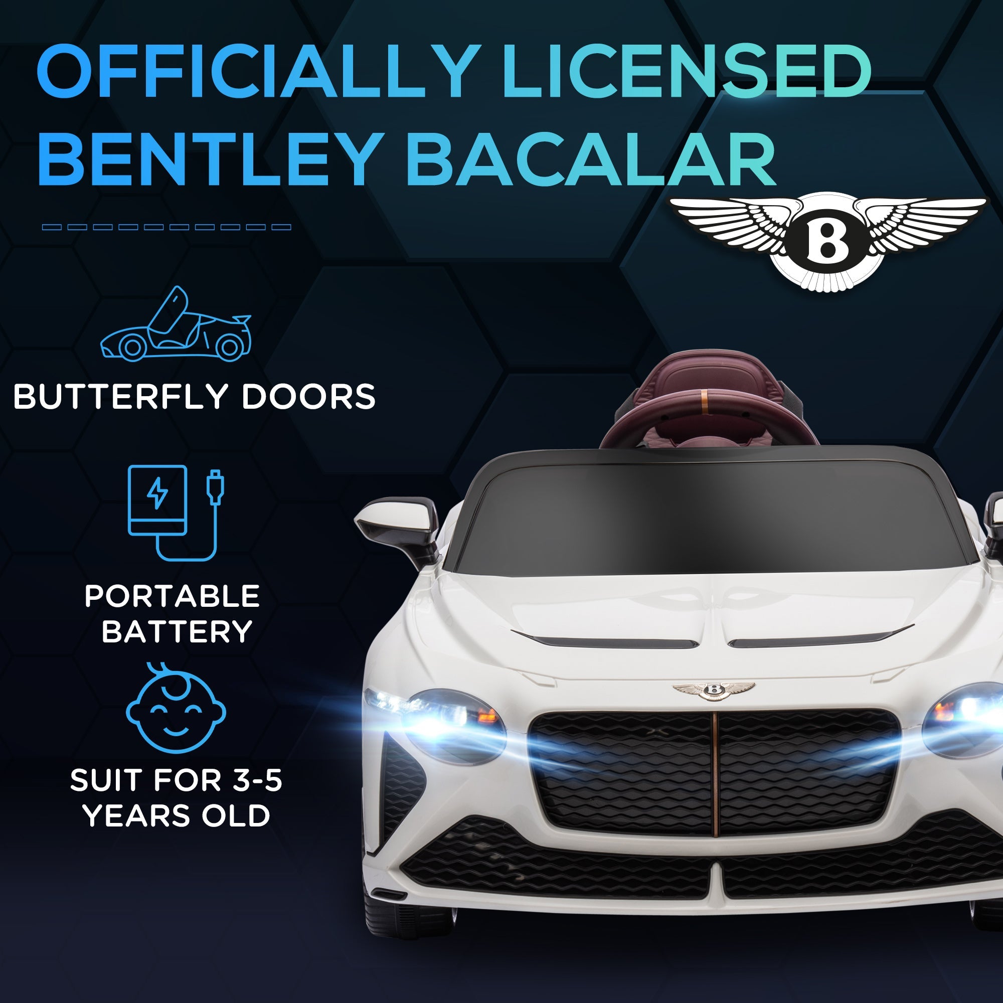 Bentley Bacalar Licensed 12V Kids Electric Ride on Car w/ Remote Control, Powered Electric Car w/ Portable Battery, for Kids Aged 3-5, White-3