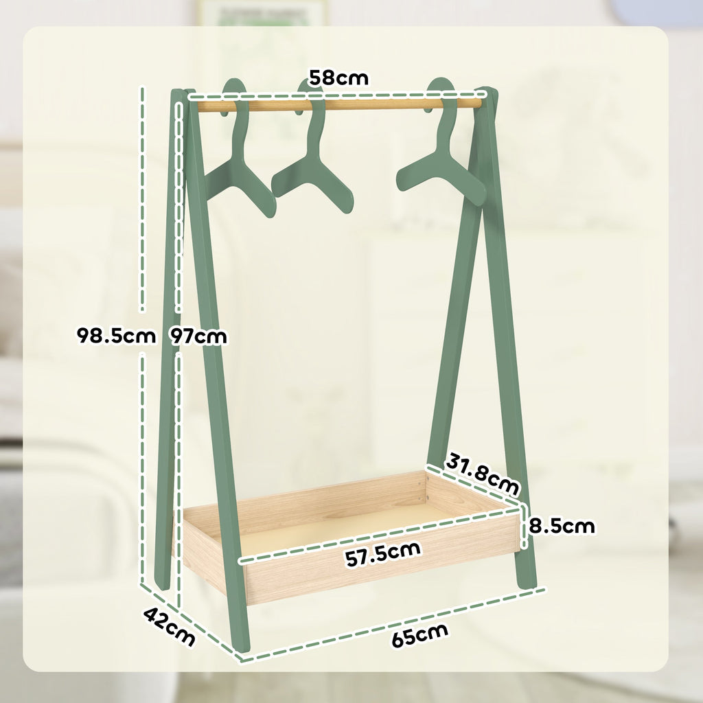 Kids Clothes Rail with 3Hangers, Bottom Storage Shelf for Girls, Boys, Nursery, Bedroom, Green-2