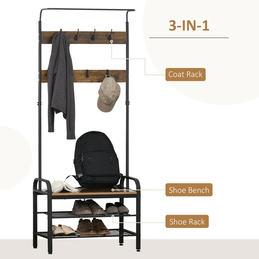 Coat Rack Stand Industrial hallway Shoe Rack Removable Hooks Metal Wood Hangers Storage Cabinet Rustic Brown 72L x 34W x 185H(cm)-3