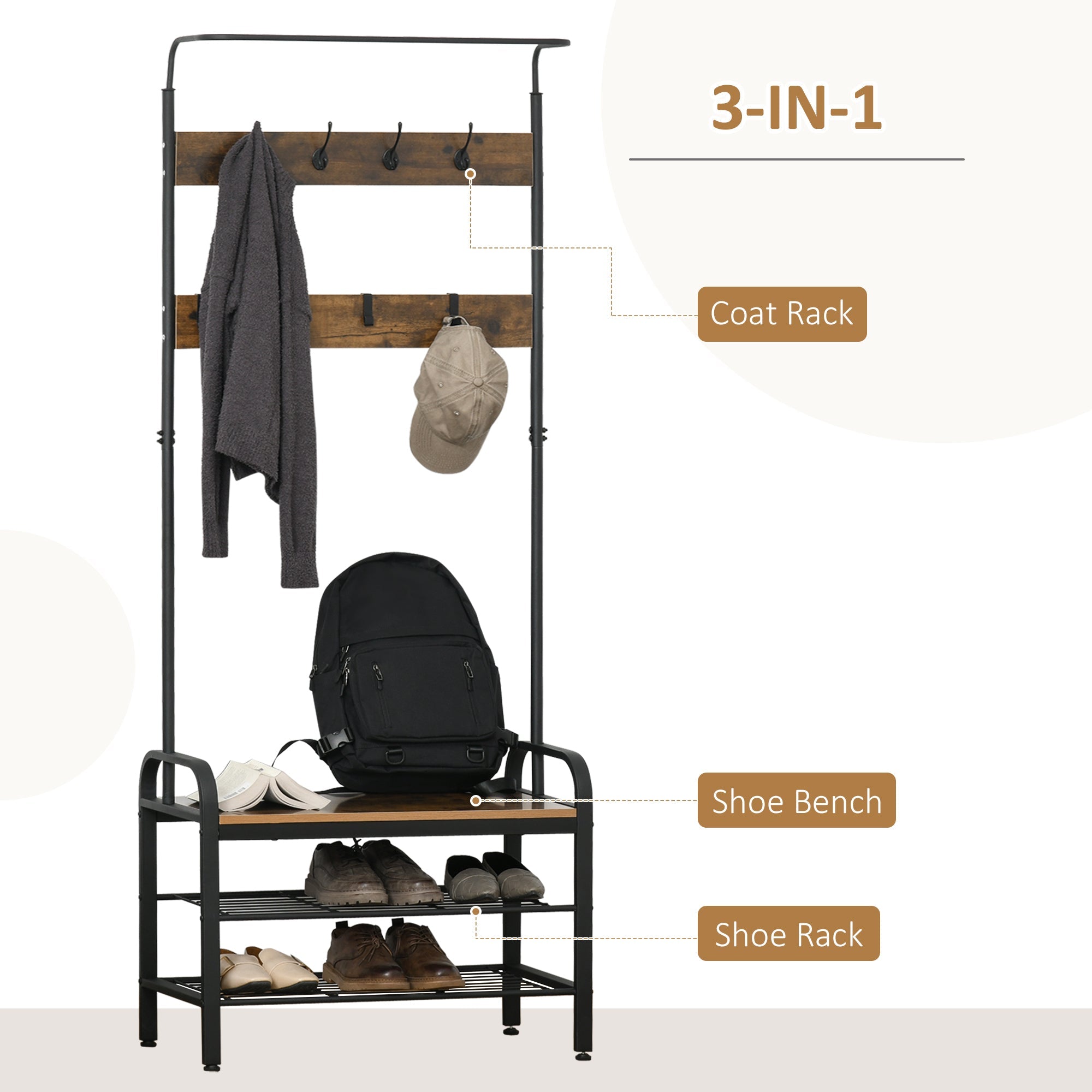 Coat Rack Stand Industrial hallway Shoe Rack Removable Hooks Metal Wood Hangers Storage Cabinet Rustic Brown 72L x 34W x 185H(cm)-3