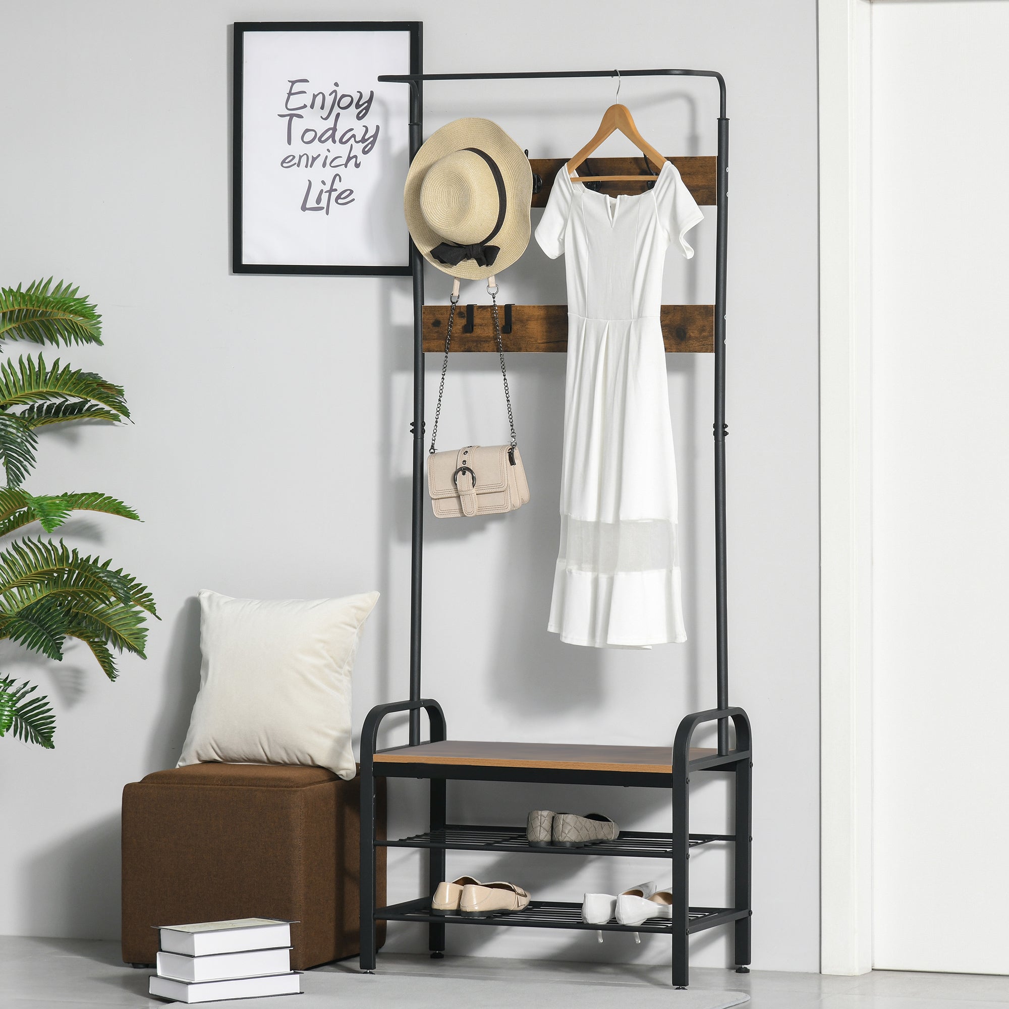 Coat Rack Stand Industrial hallway Shoe Rack Removable Hooks Metal Wood Hangers Storage Cabinet Rustic Brown 72L x 34W x 185H(cm)-1