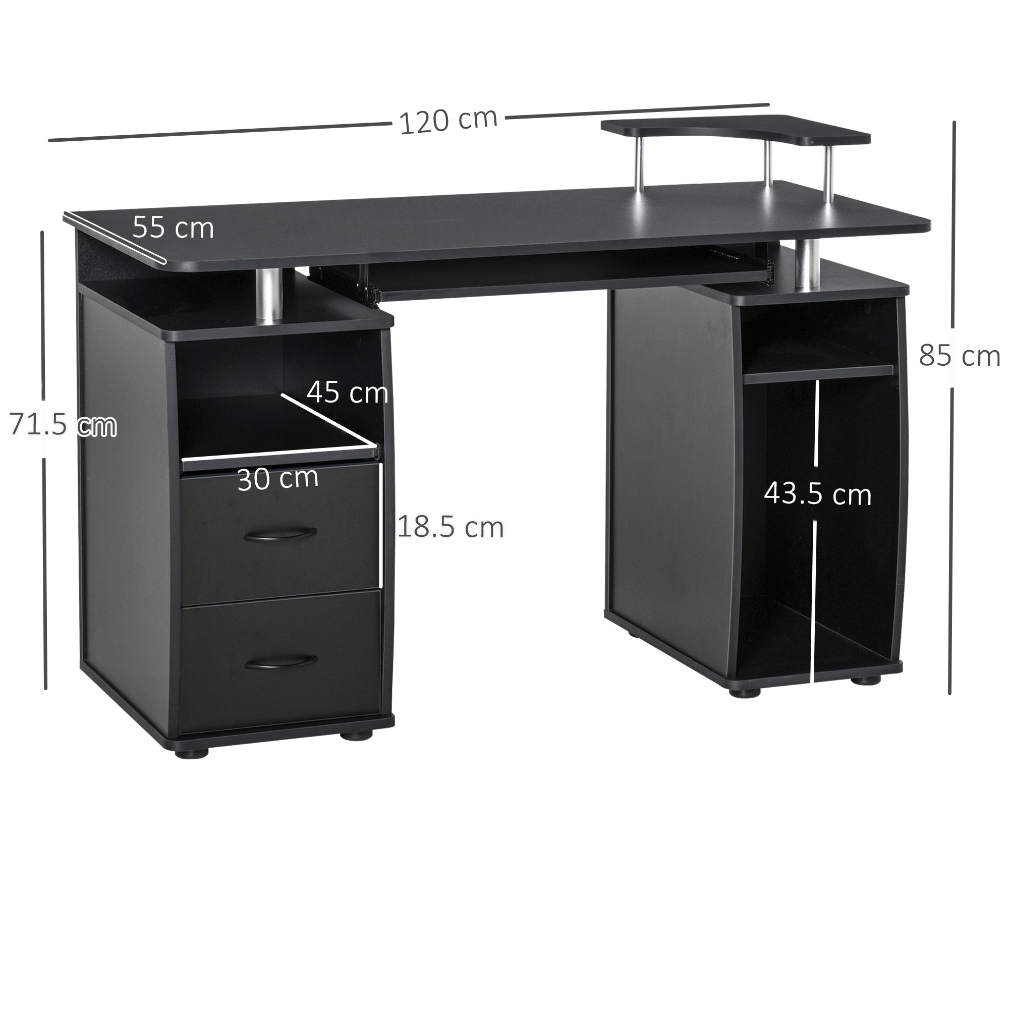 Computer Desk Office PC Table Workstation with Keyboard Tray, CPU Shelf, Drawers, Sliding Scanner Shelf, Black-2