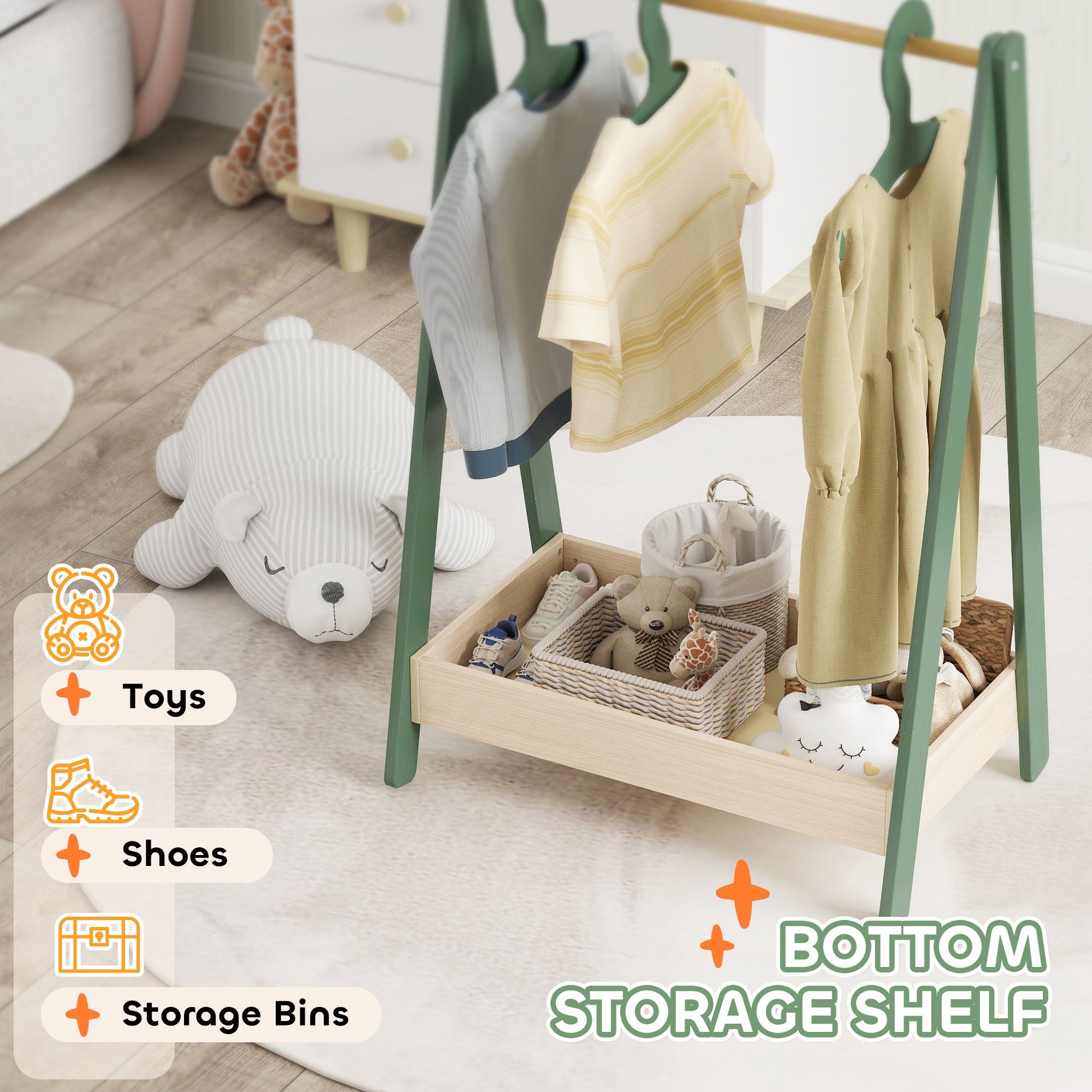 Kids Clothes Rail with 3Hangers, Bottom Storage Shelf for Girls, Boys, Nursery, Bedroom, Green-4
