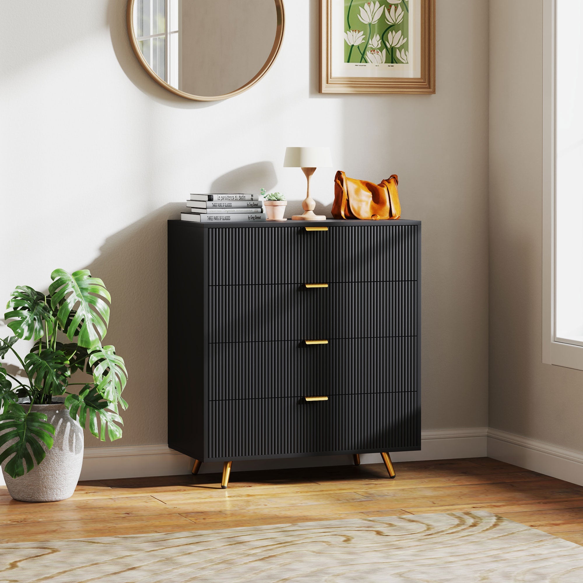 Elegant Four-Drawer Bedside Table - Black-1