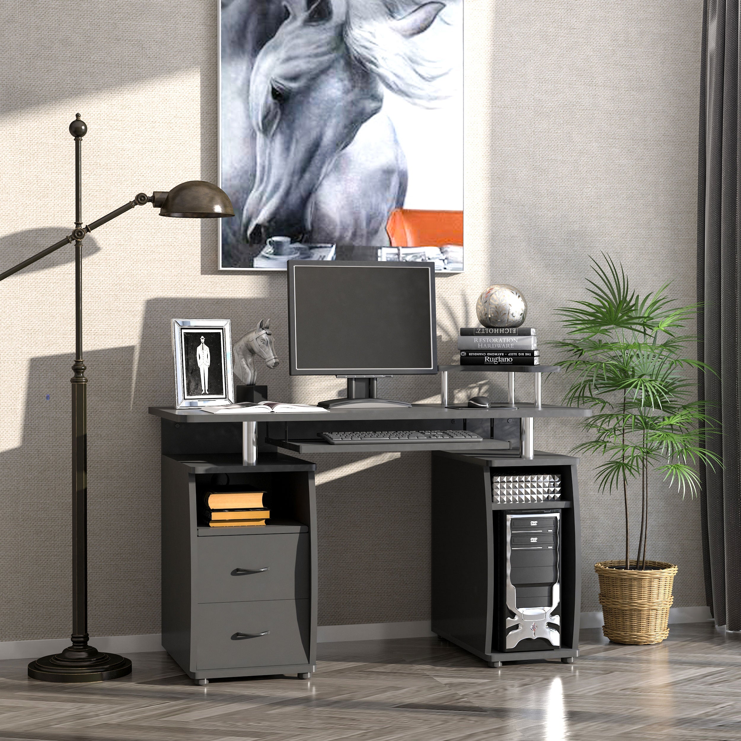 Computer Desk Office PC Table Workstation with Keyboard Tray, CPU Shelf, Drawers, Sliding Scanner Shelf, Black-1
